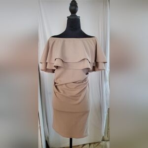 LaClef Tan Off-Shoulder Ruffled Maternity Sheath Dress